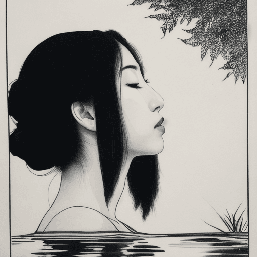 AI generated: The ink drawing depicts the profile of a young oriental woman looking at the reflection in the water...