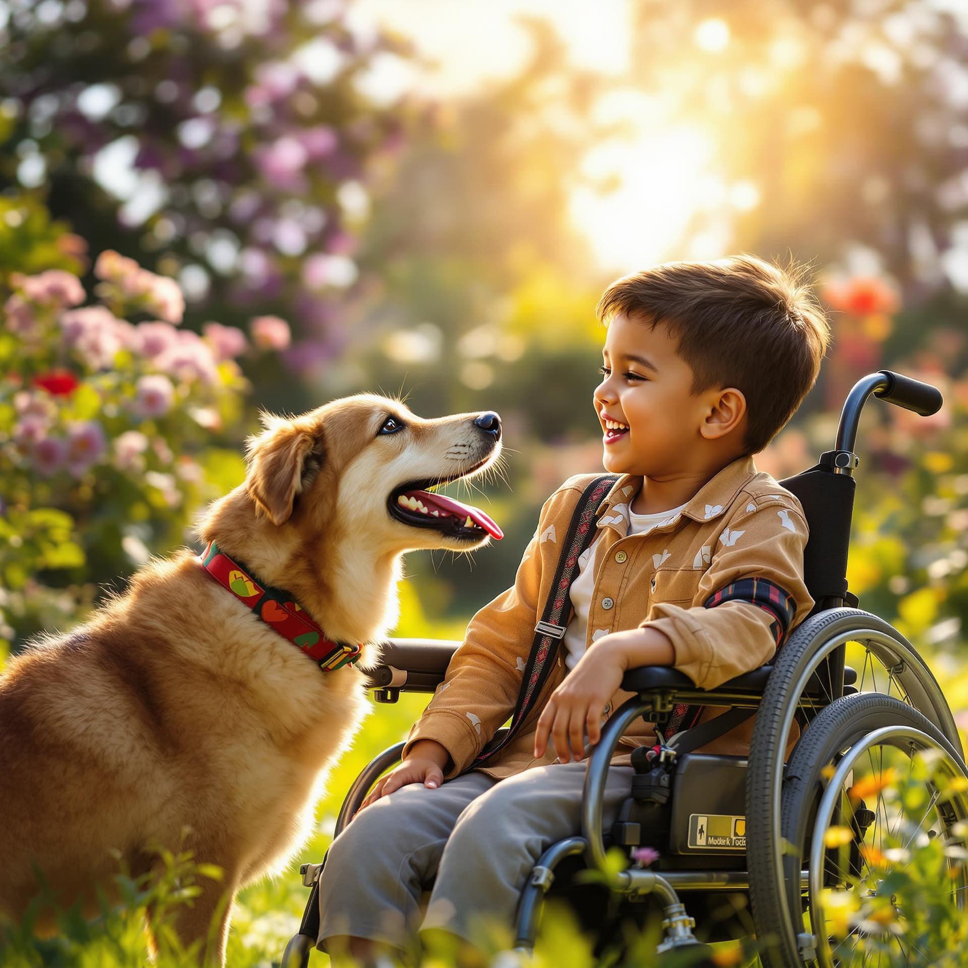 AI generated: Realistic photography image of an Indian child with a mobility aid playing with a dog in a sunlit ga...