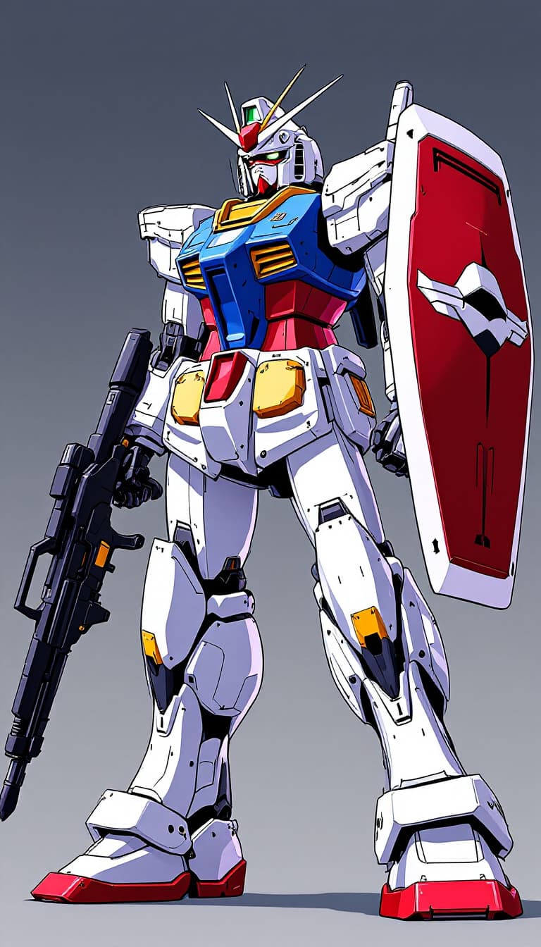 AI generated: illustration of RX-78-2 Gundam, with shield and weapon, in the style of Kunio Okawara, anime, Mobile...