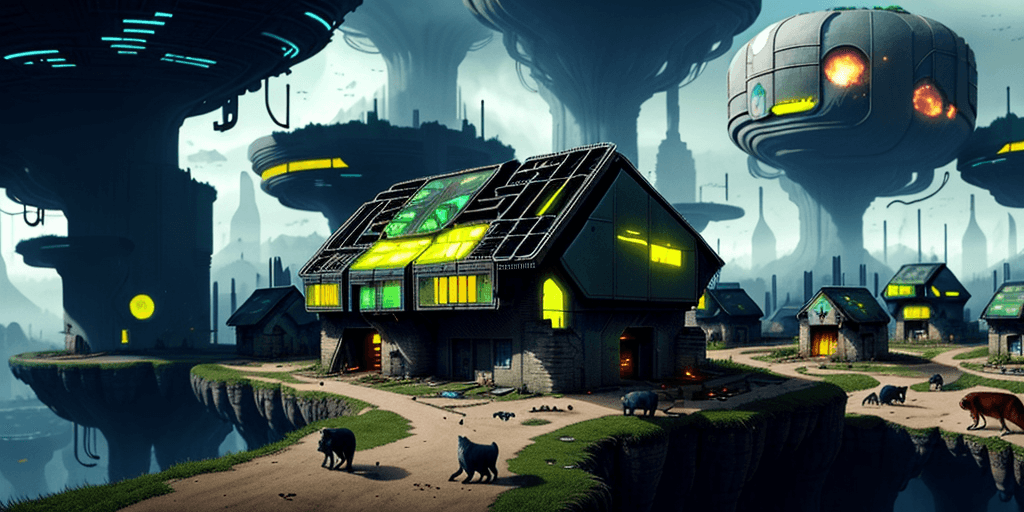 AI generated: village for animals, future-oriented, dystopia, cataclysm,  