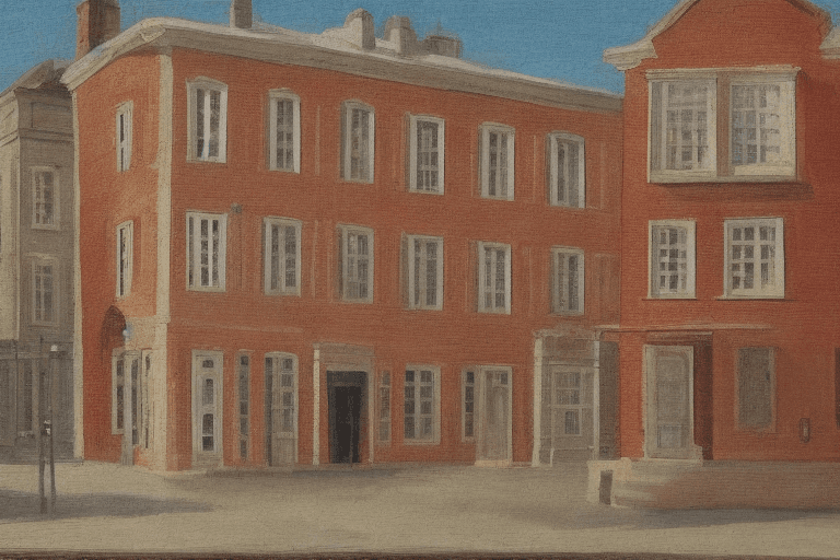 AI generated: NORDIC FACADE, architecture 19th century, beige brick street corner, realistic painting