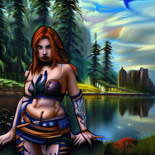 AI generated: ultra relalistic, slyvanas, world of warcraft, knieend, wall, tattoos, kaputzenpollover, 8k, HDR, Em...