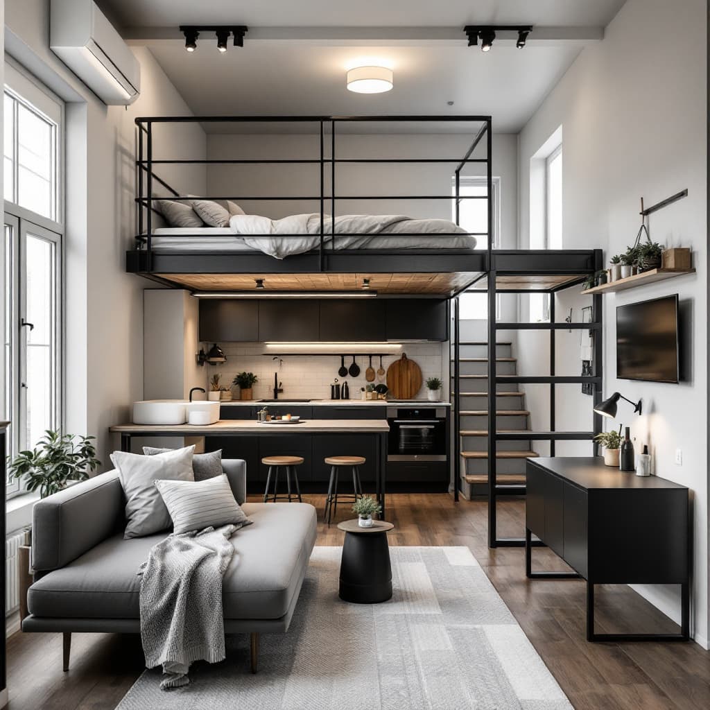 AI generated: A compact 8m x 5m loft-style studio apartment with a raised sleeping area. Bed on a platform above a...