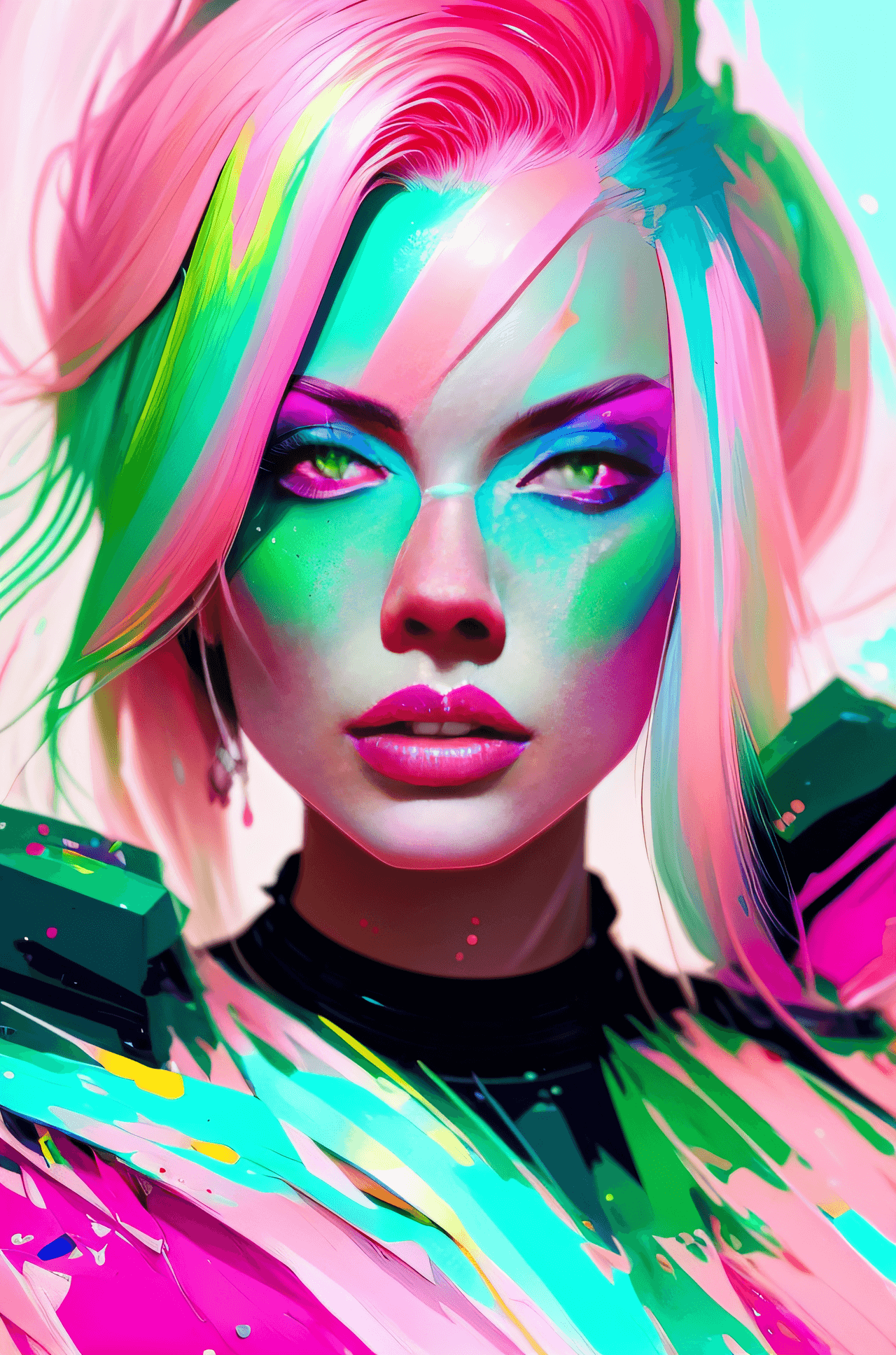 AI generated: a painting of a woman with green hair and pink makeup, painting by android jones, rossdraws pastel v...