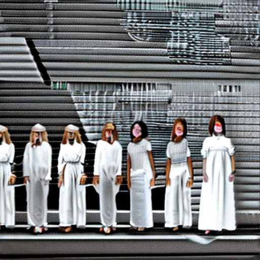 AI generated: lot of people| dressed in white| full-length portrait| detailed face| symmetric| mdjrny-v5 style  