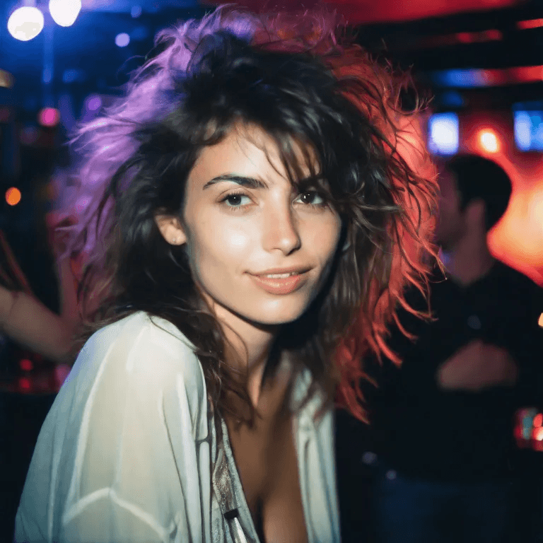 AI generated: A hyper-realistic, raw, analog, sony 35mm full-frame image showing a candid shot of a beautiful brun...
