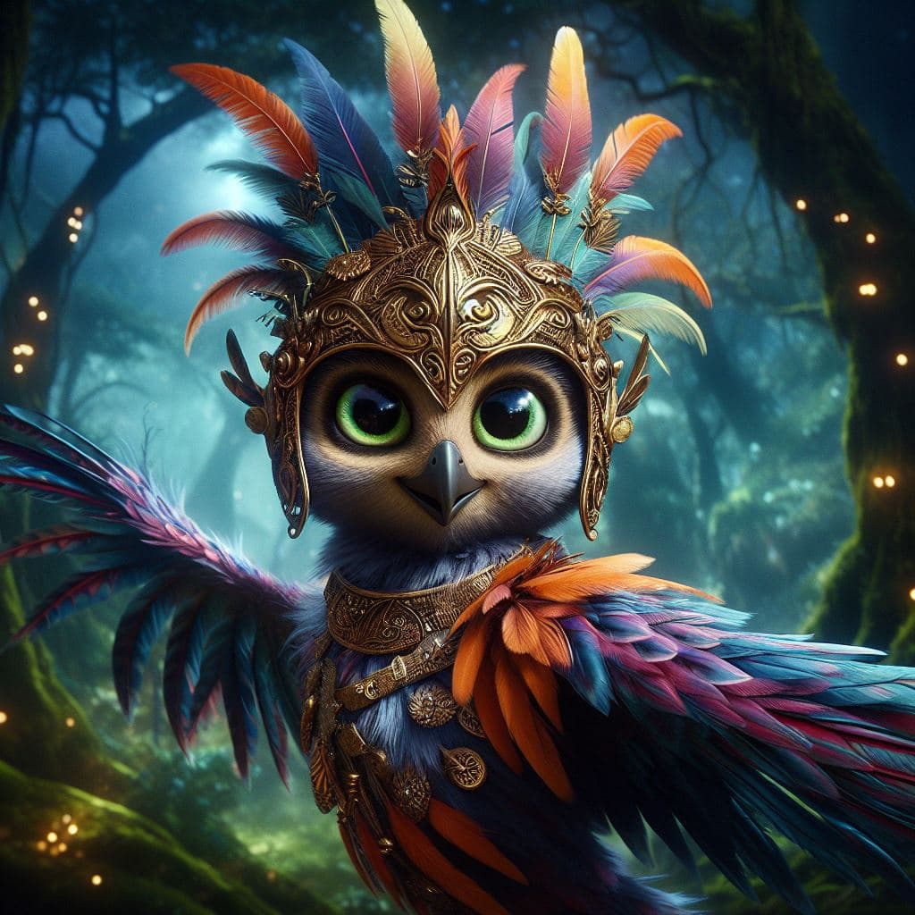 AI generated: generate an image A bird with vibrant feathers, in a feathered headpiece, with sparkling eyes and a ...