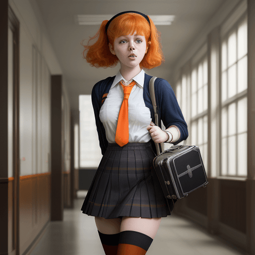 AI generated: masterpiece, mid shot, arafly dressed woman with orange hair and a suitcase, a portrait inspired by ...