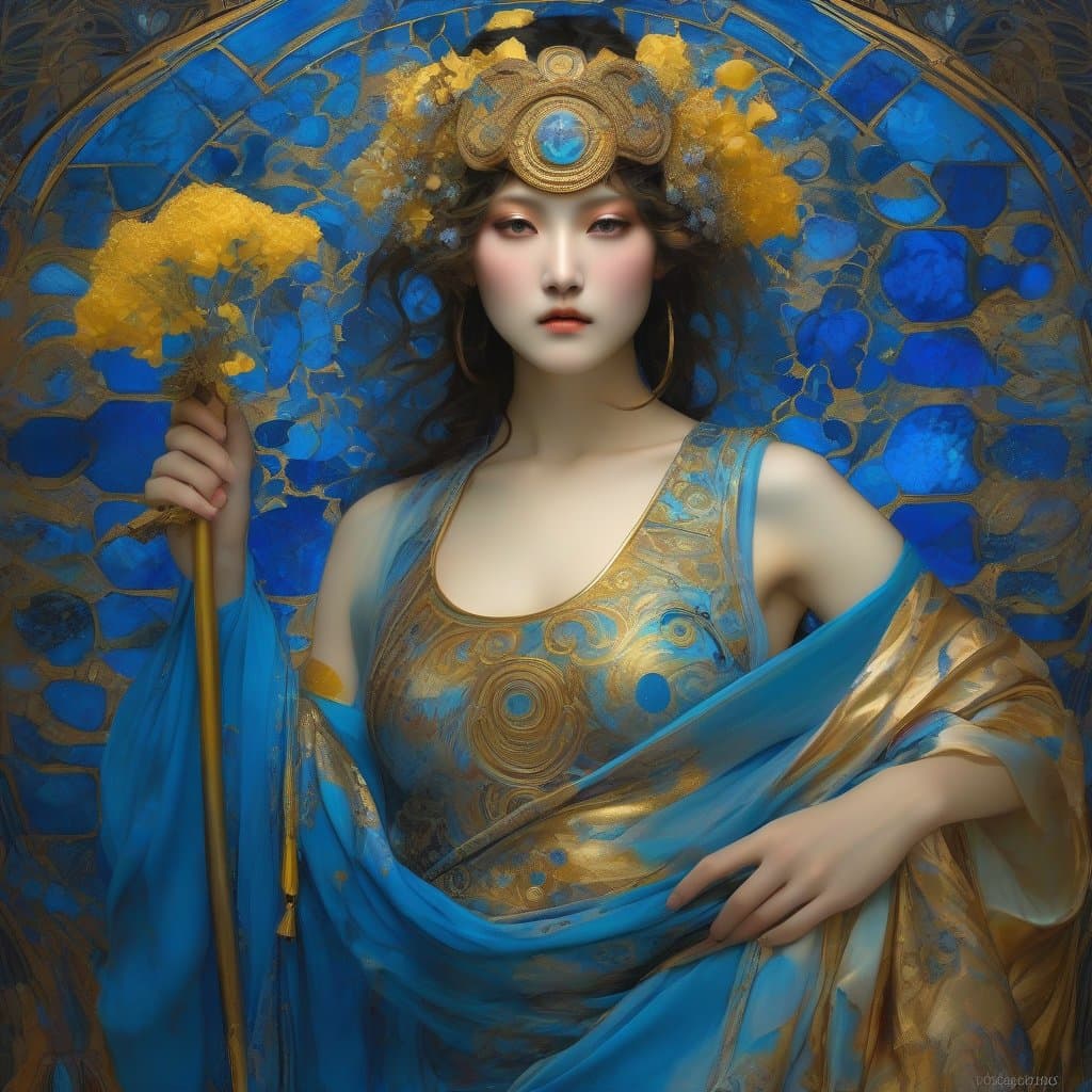 AI generated: wise tale of the divine, meditating priestess of a love-cult, immersive experience, porcelaine Sapph...