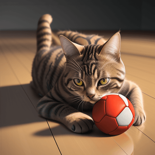 AI generated: brown tabby cat,lying on the floor,short hair,playing with the ball, hyper realism, high detail, oct...