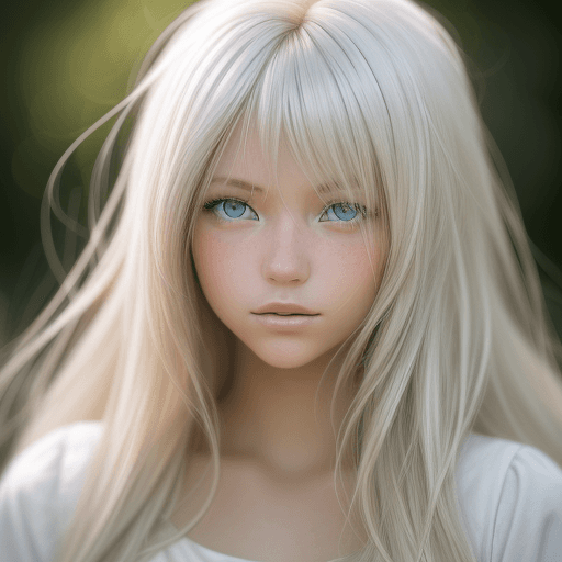 AI generated: photo featuring a girl model, blondy color hair, 300mm f/5. 8, light silver and white, optical, soft...