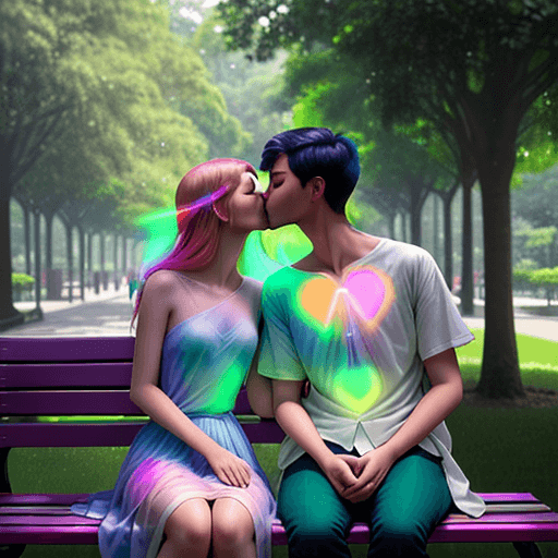 AI generated: color photo of a pair of ethereal auras KISSING , radiating love and connection, seated on a bench i...