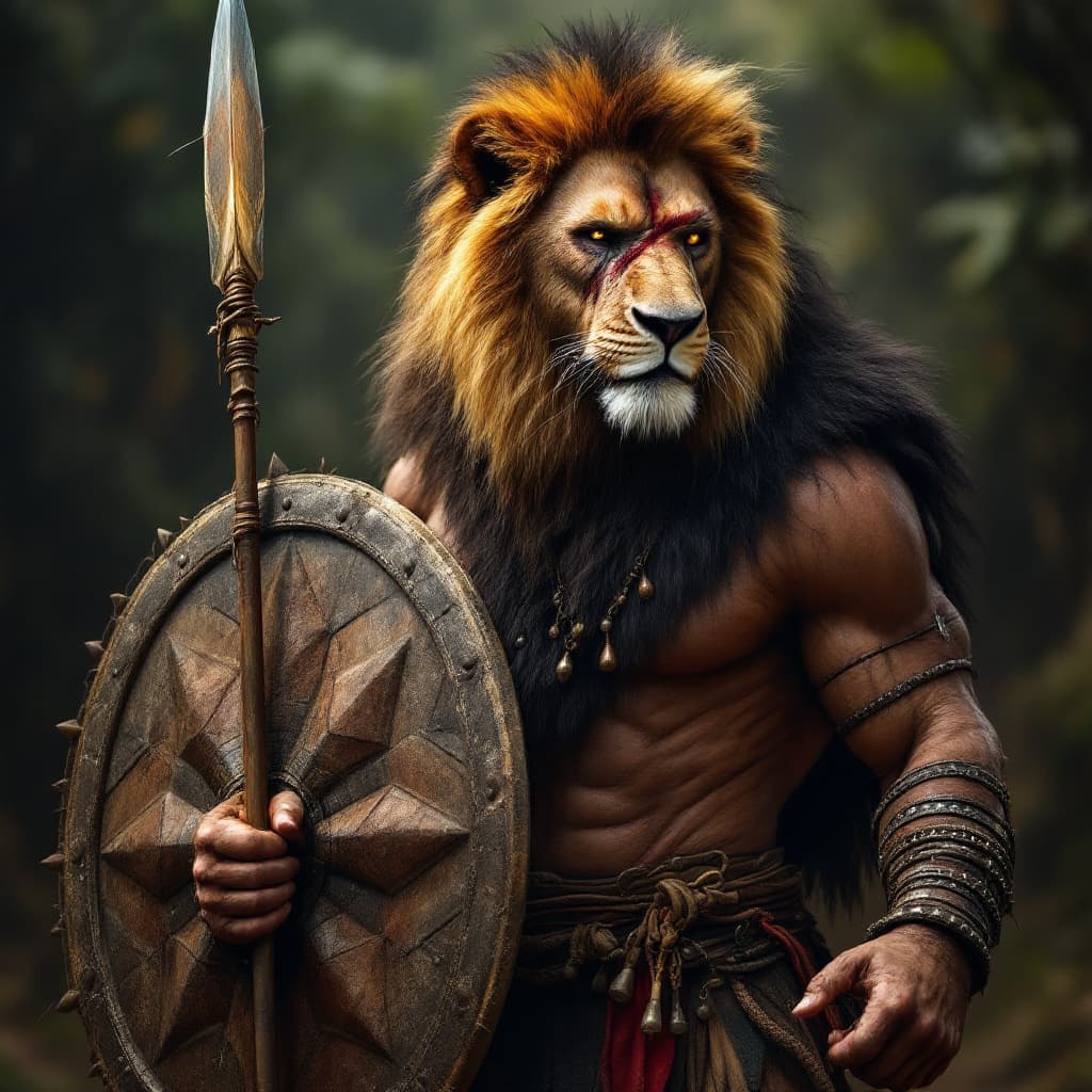 AI generated: humaniod lion in full zulu warrior outfit with shield and spear huge muscles with battle scars scar ...