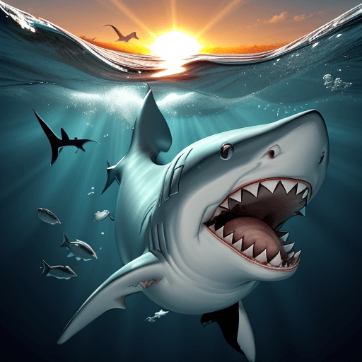 AI generated: A white-tipped shark with an open mouth as if trying to attack something or eat something, underwate...