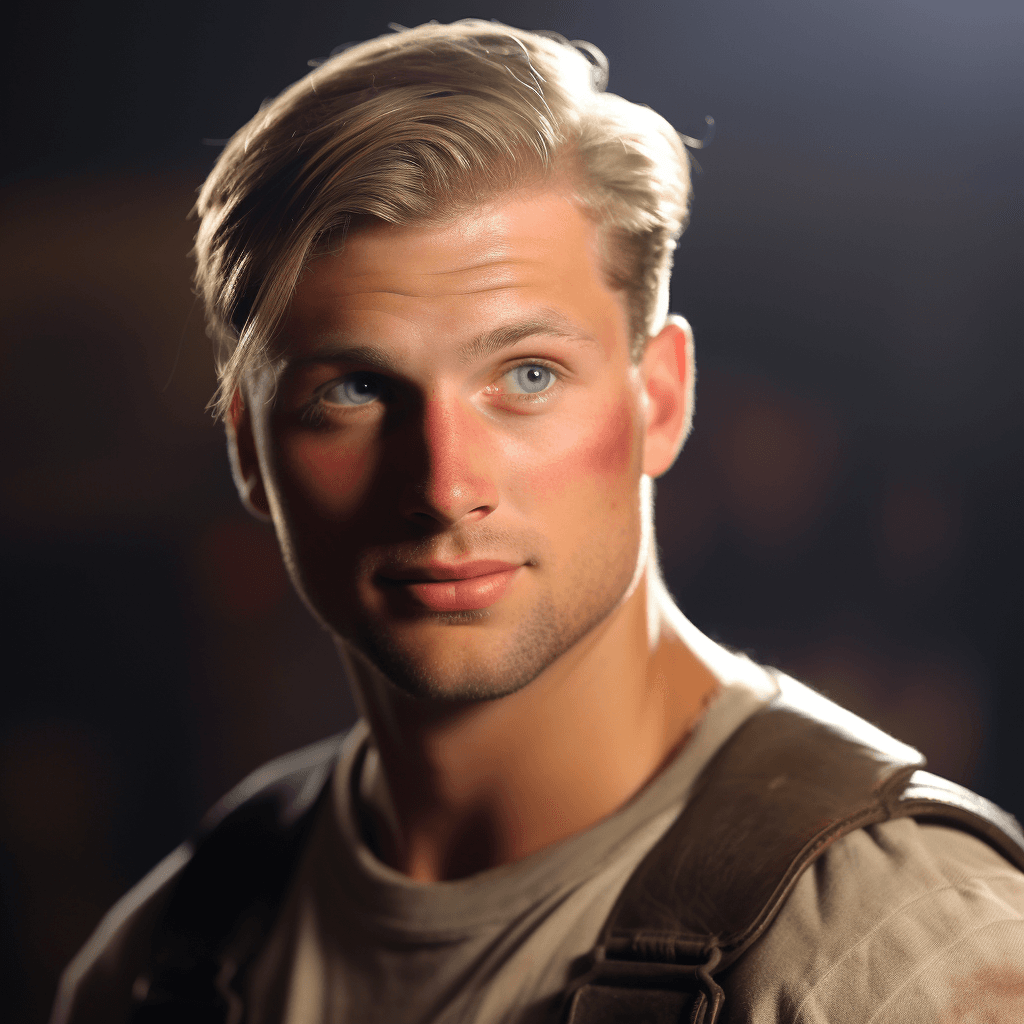 AI generated: german soldier, world war 2, standing, blonde hair, blue eyes, blur, standing, perfect skin, no blem...