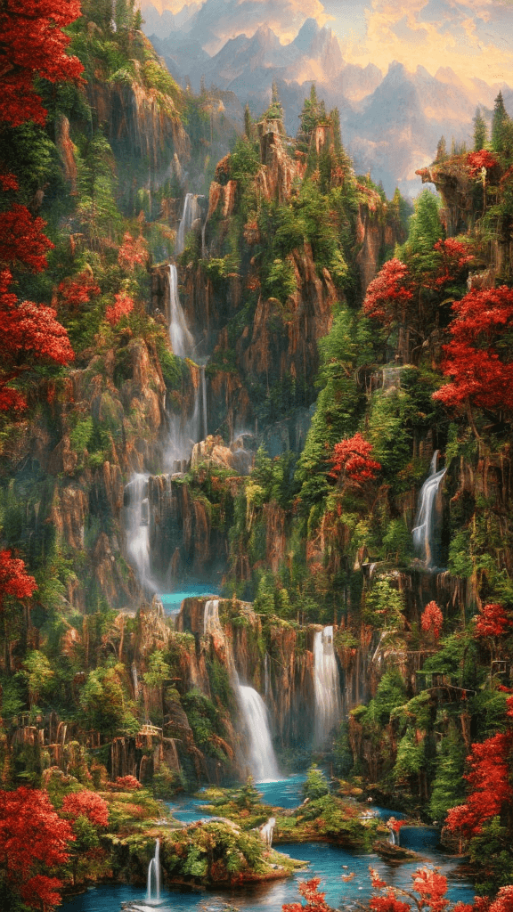 AI generated: summer landscape, red color, Bokeh, the waterfall, lake, insanely detailed and intricate, hypermaxim...
