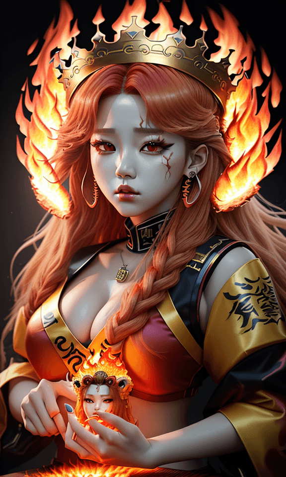AI generated: K-pop artist Jeon Soyeon G-idle is a lion queen of fire character, crown made of flames, photorealis...