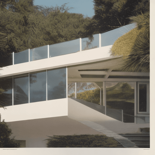 AI generated: Hyper realistic eye level exterior photo of a mid century modern style house overlooking the ocean, ...