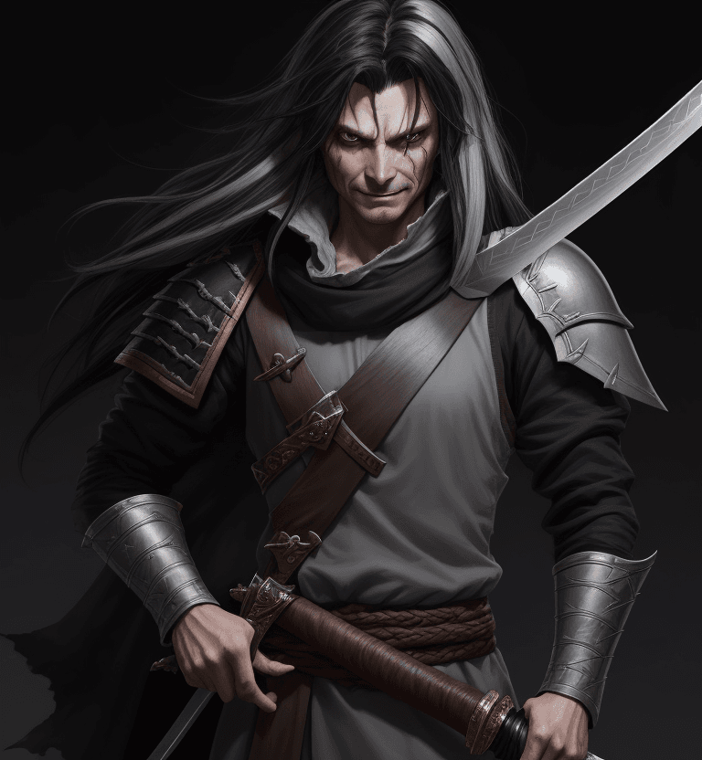 AI generated: dnd Swordmaster with a longsword, long messy black hair with gray highlights, damaged clothes, with ...