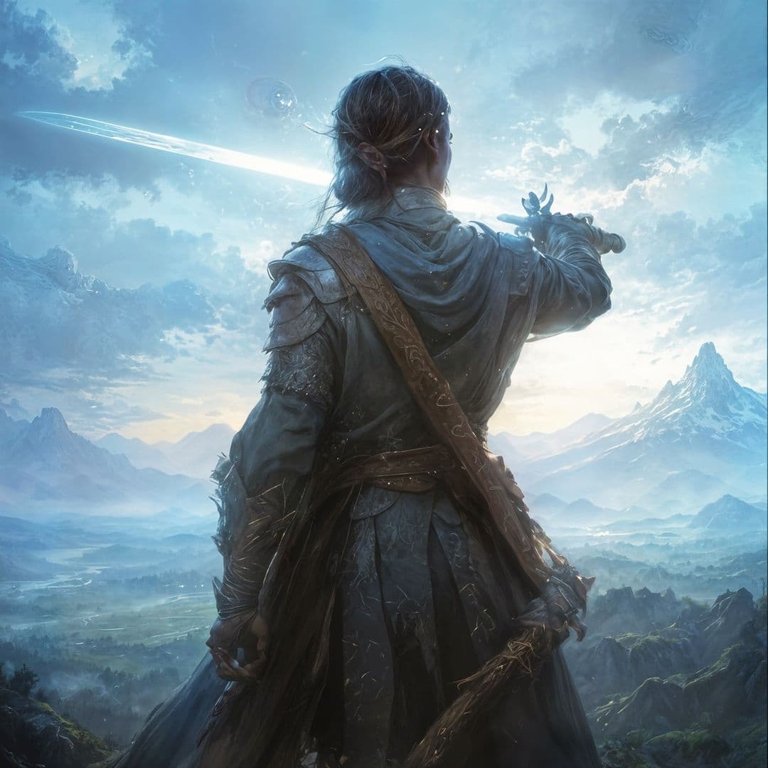 AI generated: warrior princess wields a diamond shining sword on a cliff of a beautiful landscape.(realistic:1.5) ...
