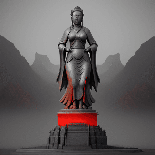 AI generated: a large statue with a woman looking at it, in the style of unreal engine 5, northern china's terrain...