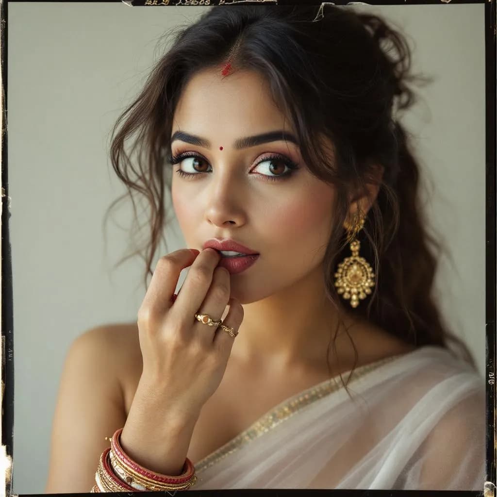 AI generated: Use my wife face pic, biting her lip, 30-35 years old, brown hair, Indian hair style, saree,trying t...