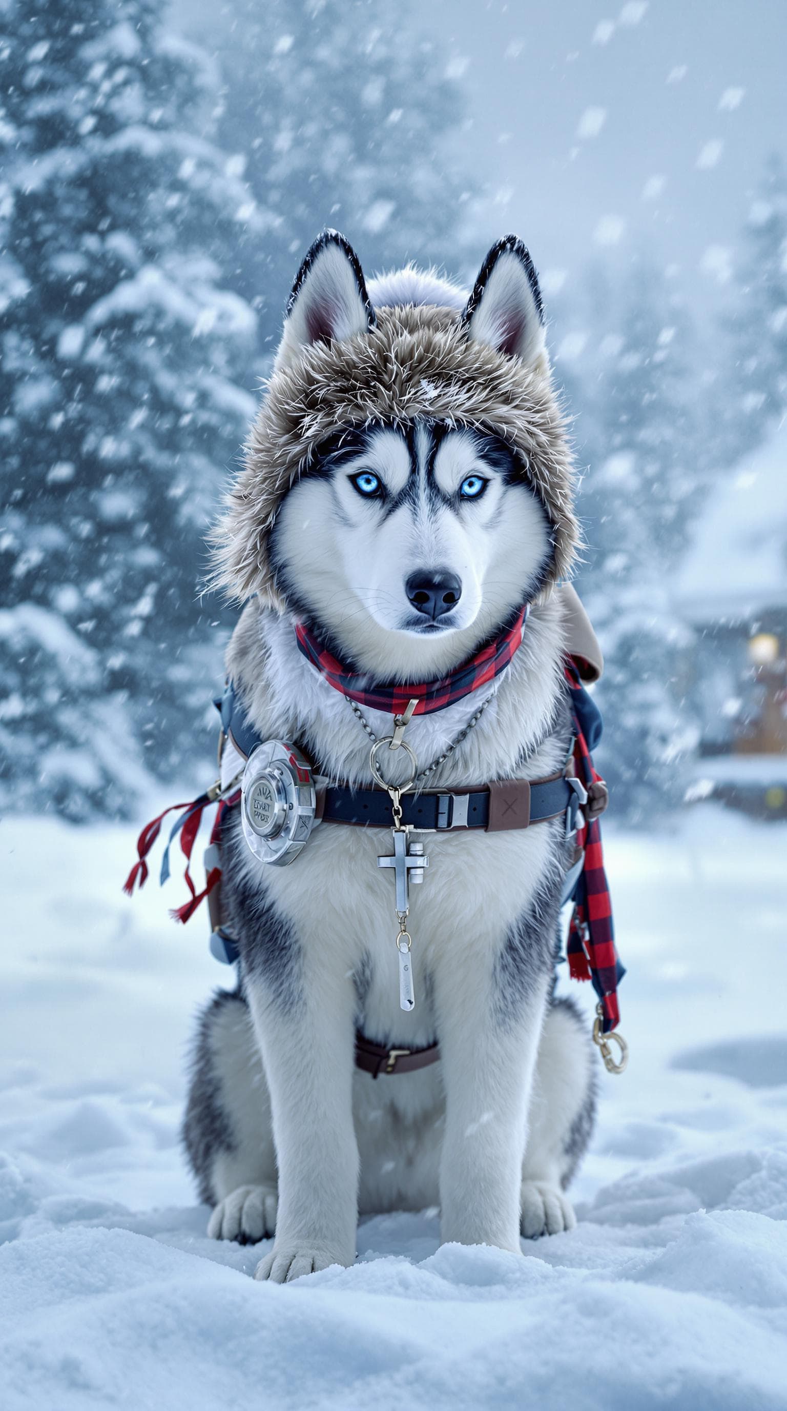 AI generated: A siberian husky dressed as an arctic Explorer, in the north pole during a snow storm. digital art, ...