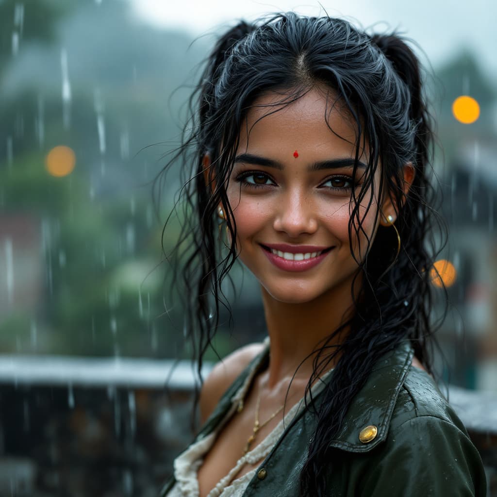 AI generated: highly detailed <lora:Ira_Delib:1.0> a young indian woman, full body, rain, rooftop, smiling, wet ha...