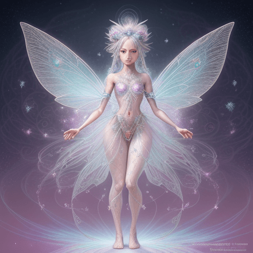 AI generated: Full body, Small highly detailed incorporeal fairy made of silvery light, Bokeh pollen specs multico...