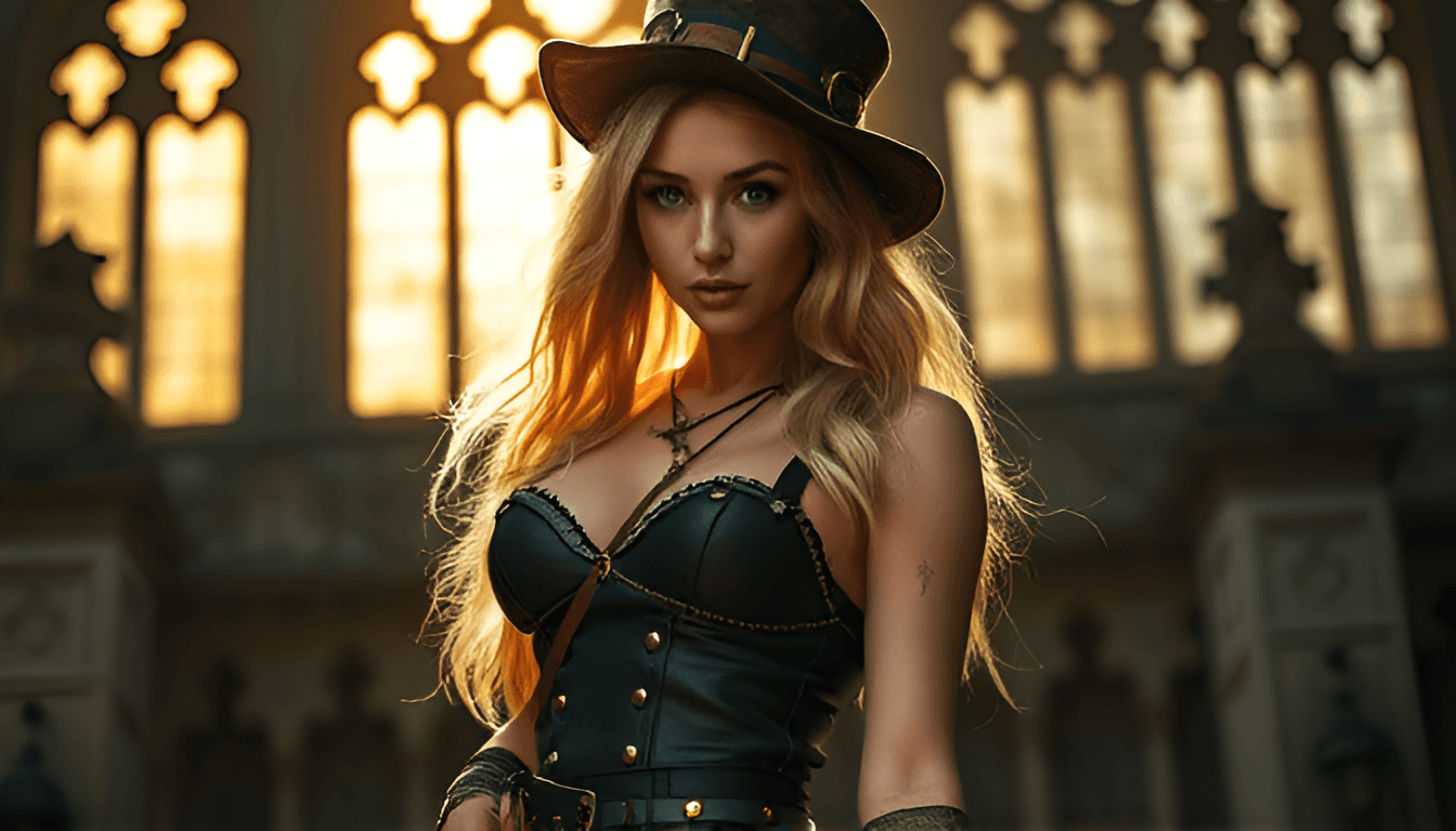 AI generated: Woman, full body, beautiful, blonde, Steampunk outfit, realistic clothes, very seductive pose, Gothi...