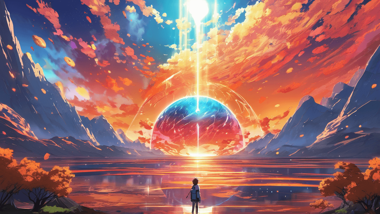AI generated: anime artwork Three-Body Problem, no one, three suns in the sky, magma pouring out from everywhere ....