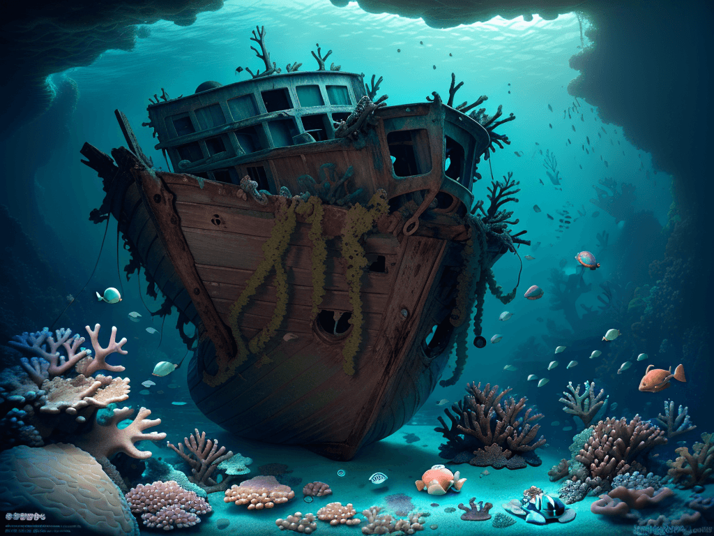 AI generated: a deeper dreamy old little boat wreck, happy baby green turtle floating and looking at us, corals, s...