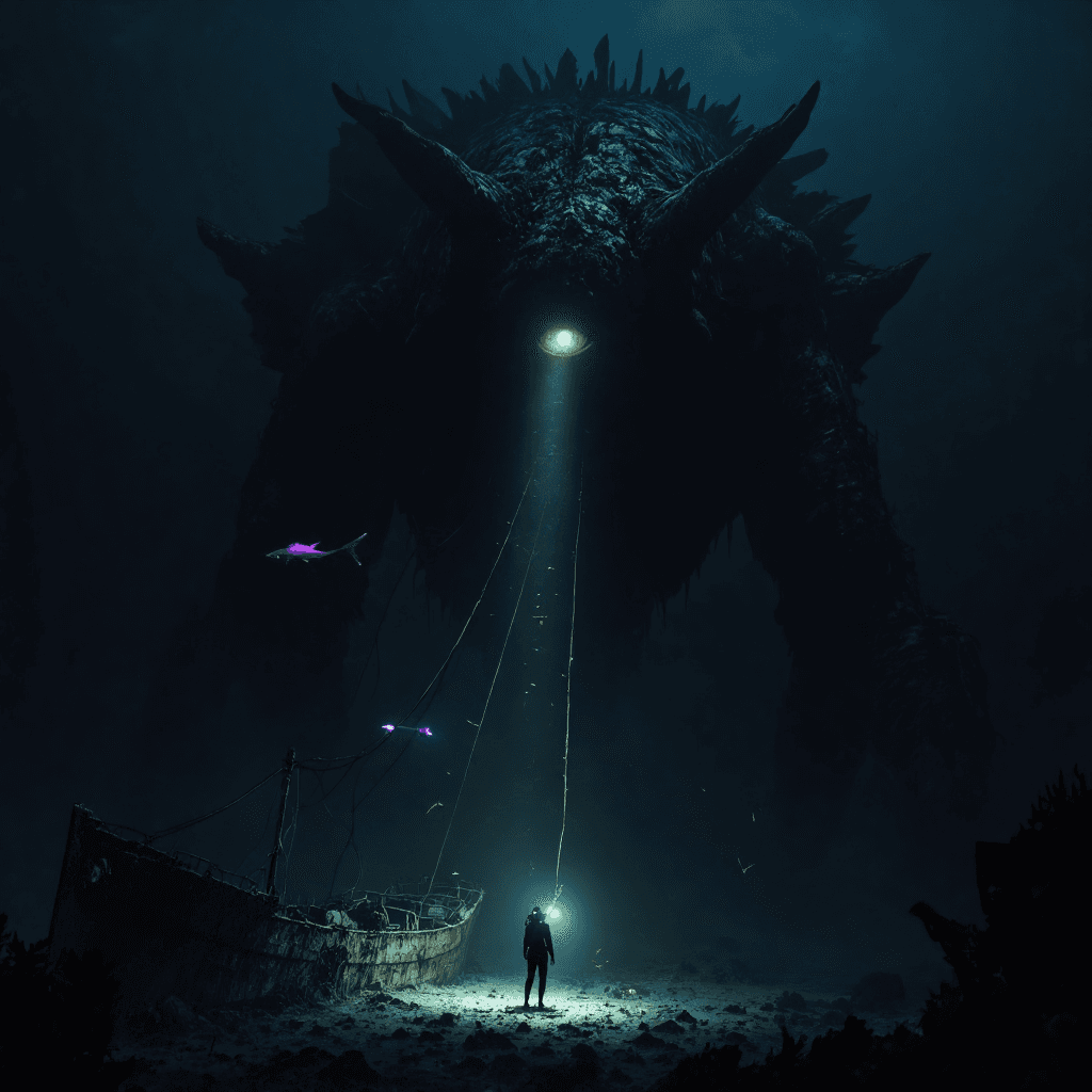 AI generated: A lone diver hovers in the crushing depths of the deep ocean abyss, surrounded by an infinite void w...