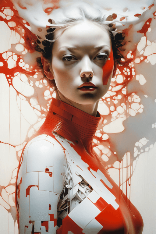 AI generated: Female  cyberrobot   by Yoshitomo Nara and Jenny Saville , red and white dress, half face painted, c...