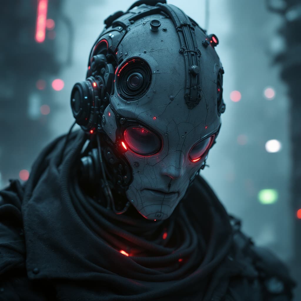 AI generated: 3d rendering, close-up, hyper detail front shot, focus to face, strange face with complex system equ...