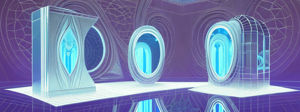 AI generated: a 3d detailed painting inspired by moebius of a 4d mirror cabinet. crystal, inspired by technology. ...
