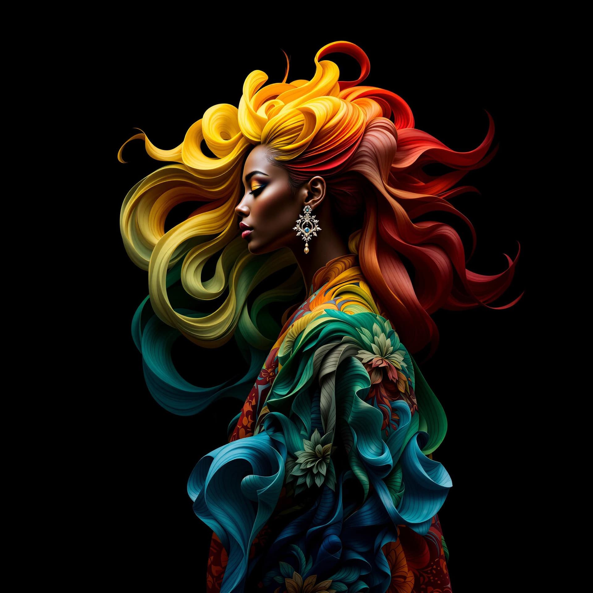 AI generated: Full body of a woman, standing, turn around towards the camera, with a flowing, sculptural hairstyle...