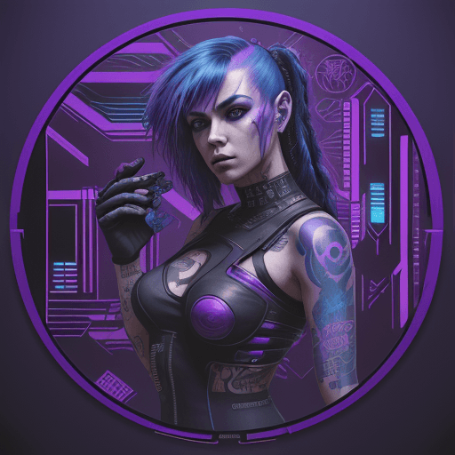AI generated: cyberpunk tattoo designs , in the style of silkscreen, purple and blue, rollerwave, stenciled iconog...
