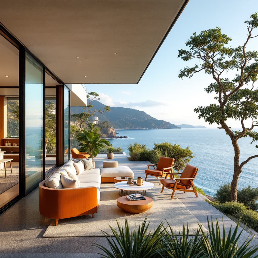 AI generated: Hyper realistic eye level exterior photo of a mid century modern style house overlooking the ocean, ...