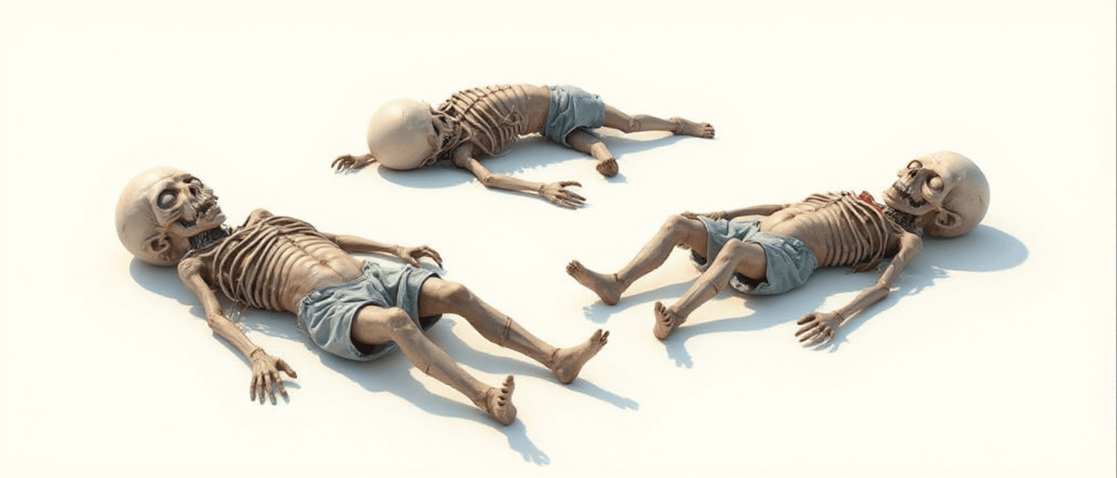 AI generated: Ultra-realistic, emaciated, very pale white alien beings, around 2 to 4 feet long, lying on a stark ...