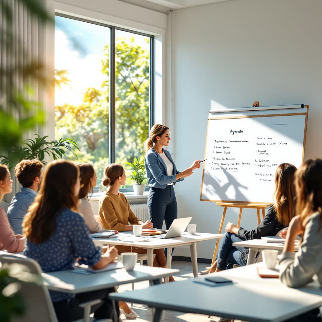 AI generated: A 4K-resolution, ultra-realistic image of a corporate training classroom illuminated by soft sunligh...