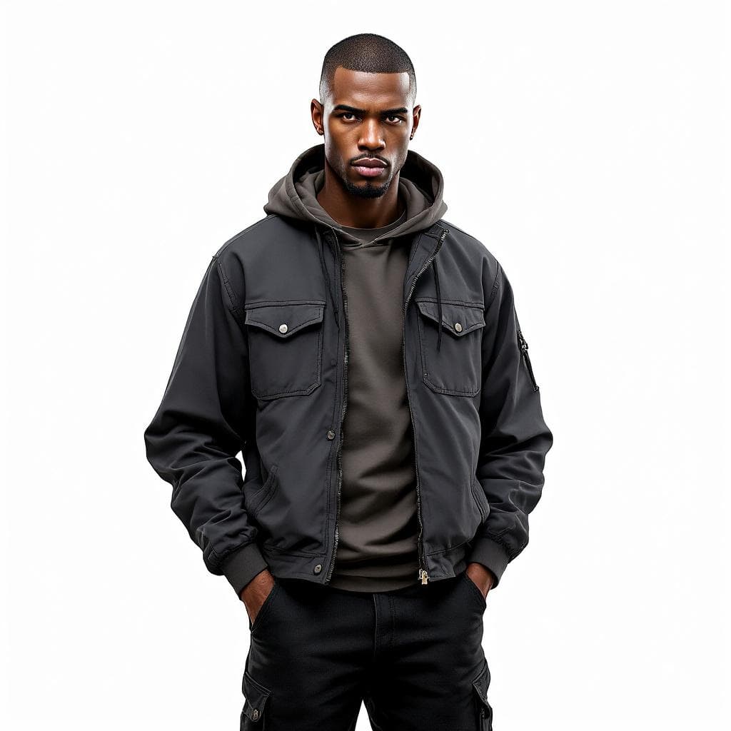 AI generated: create a black man with a buzz cut, 2d, with a nice random main color hooded 
jacket, a nice pants....
