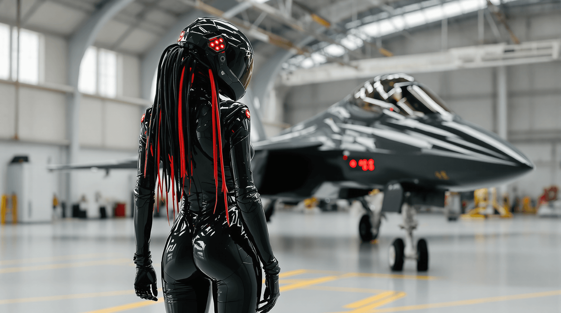 AI generated: A futuristic theam, full figure posing/shot, She's standing in the middle of a futuristic hangar loo...