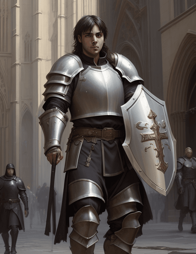 AI generated: young male cleric with shield and heavy armor, in street in front of cathedral, with curious face, b...
