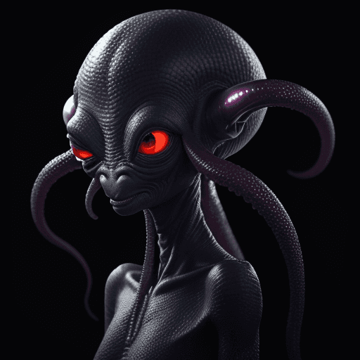 AI generated:  high quality foto of a blind black alien monster, without mouth, long tentacle, big warts,  8k