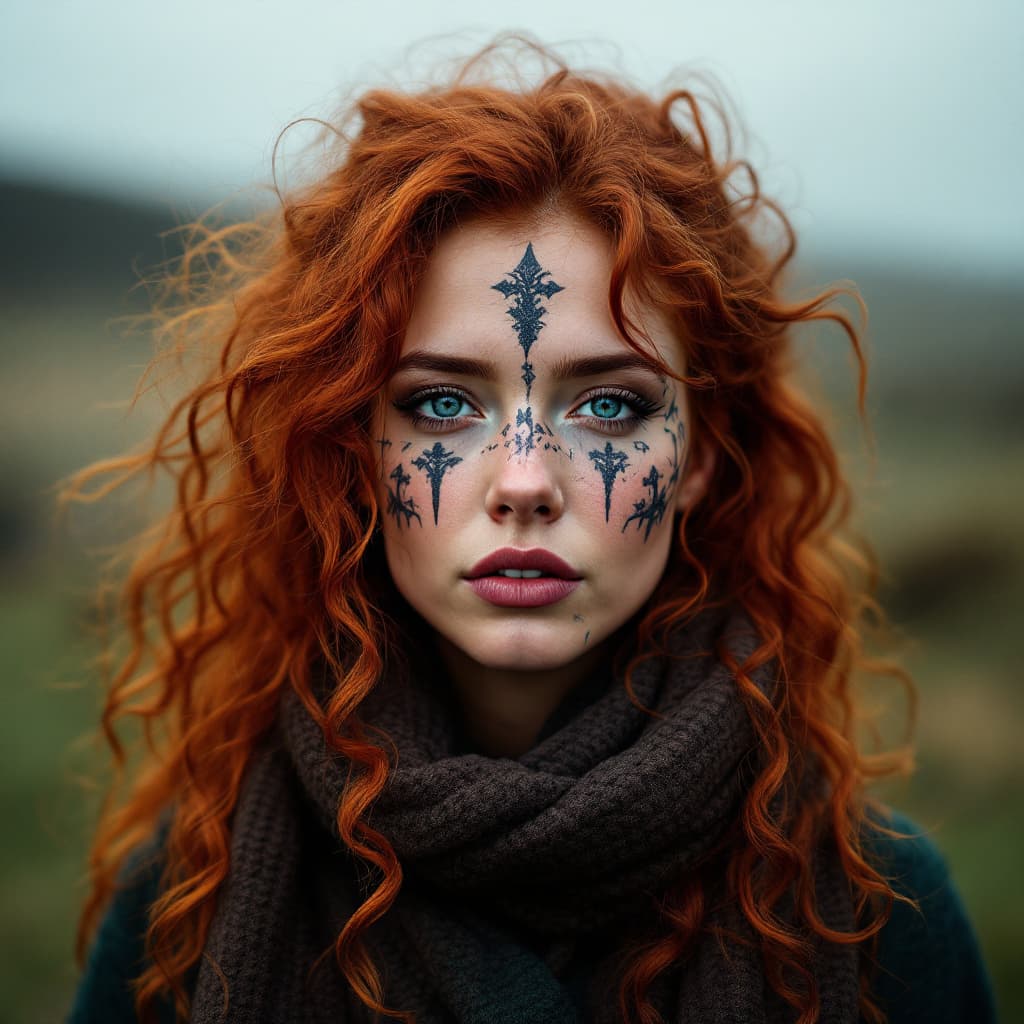 AI generated: A close-up color portrait of a very pretty woman from Scotland, curly red hair, the woman's face hig...