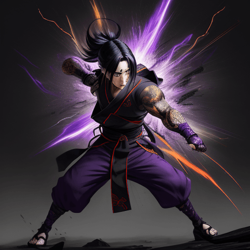 AI generated: "painterly style, male character looking like Itachi at war, wearing akatsuki suit, character design...