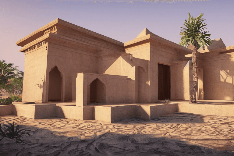AI generated: Islamic architecture style villa, sunrise, desert environment, small villa, Desert, ash color Concre...