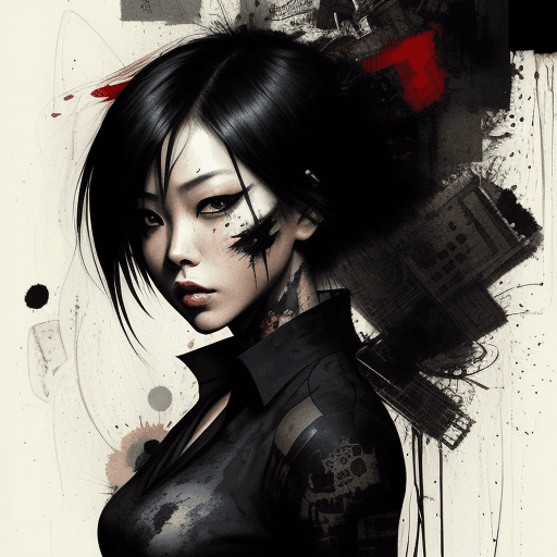 AI generated: aesthetic, painterly style, modern ink, Asian girl, sensual, sultry, dark blouse, expressive pose, u...