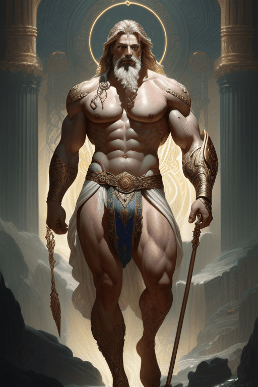 AI generated: potrait of zeus, god of thunder, lightning cane in one hand, muscular, fantasy, intricate, elegant, ...